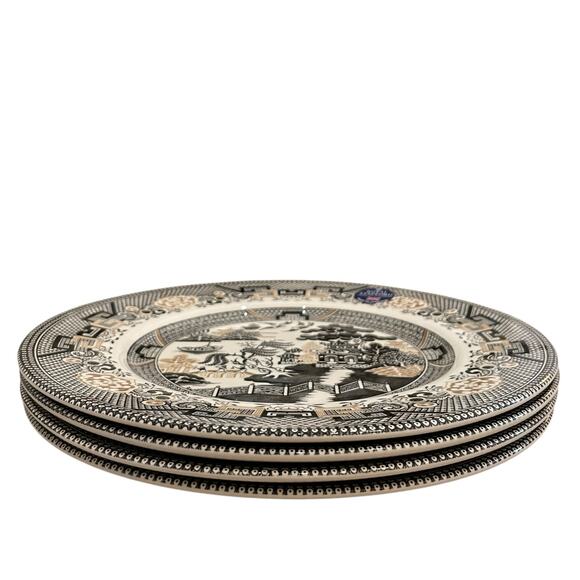 Royal Stafford Black Gold Asian Garden Willow Pagoda Dinner Plates Set of 4 New - Picture 9 of 16